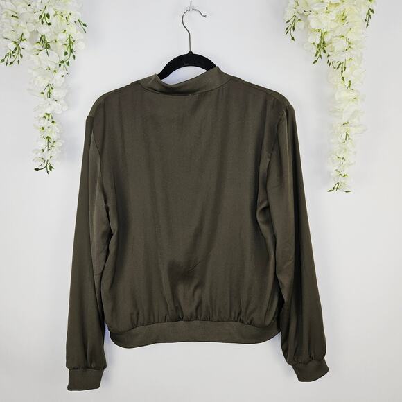 Stella & Dot Reversible Bomber Jacket Satin Olive Green Floral Zip Up Medium Fal - Picture 6 of 13